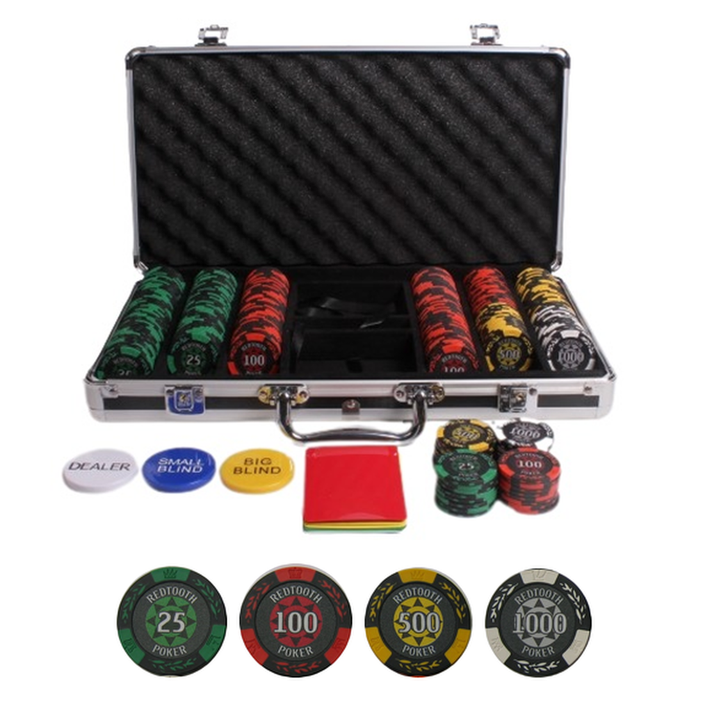 Redtooth Poker 300 piece poker chip set showing chip images and denominations