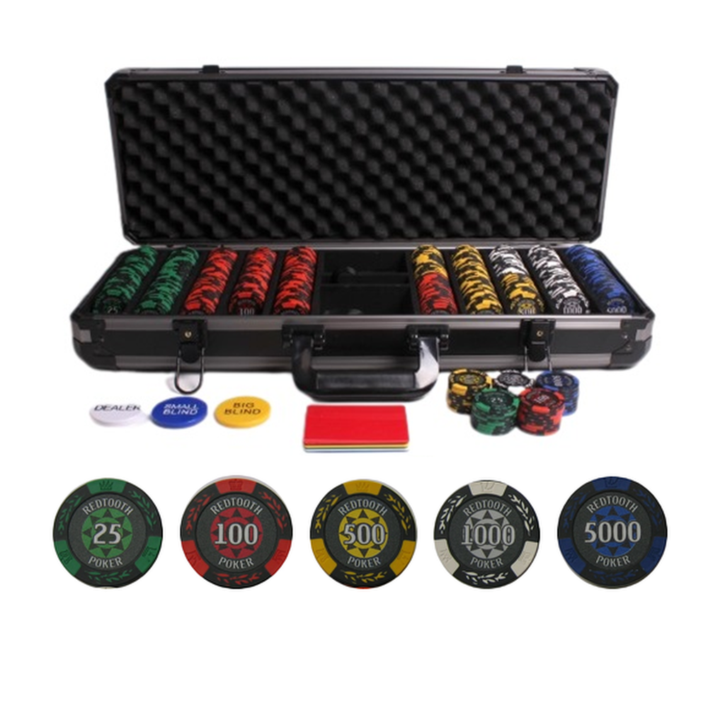 Redtooth Poker 500 piece poker chip set showing chip images and colours